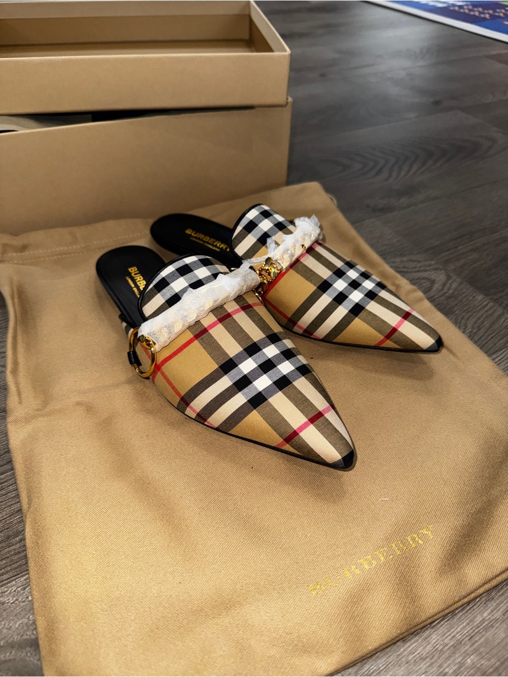 Burberry Beige Check Pointed Slip-On Mules with Gold Buckle
